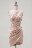Champagne One Shoulder Bodycon Sheer Corset Ruched Cocktail Dress with Beading