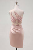 Champagne One Shoulder Bodycon Sheer Corset Ruched Cocktail Dress with Beading