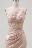 Champagne One Shoulder Bodycon Sheer Corset Ruched Cocktail Dress with Beading