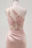 Champagne One Shoulder Bodycon Sheer Corset Ruched Cocktail Dress with Beading