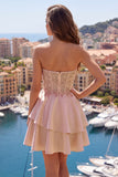 Cute A-Line Champagne Sweetheart Corset Ruffled Cocktail Dress with Beading