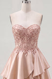 Cute A-Line Champagne Sweetheart Corset Ruffled Cocktail Dress with Beading