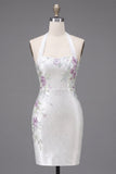 White Halter Bodycon Lace Up Back Party Dress with Beading