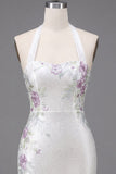 White Halter Bodycon Lace Up Back Party Dress with Beading