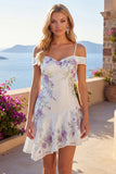 White Cold Shoulder A-Line Beaded Party Dress with Ruffles