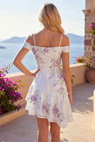 White Cold Shoulder A-Line Beaded Party Dress with Ruffles