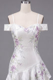 White Cold Shoulder A-Line Beaded Party Dress with Ruffles