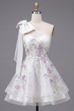 Cute One Shoulder White A-Line Floral Beaded Party Dress with Bow