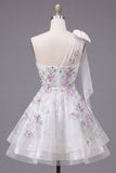 Cute One Shoulder White A-Line Floral Beaded Party Dress with Bow