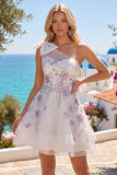 Cute One Shoulder White A-Line Floral Beaded Party Dress with Bow