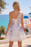 Cute One Shoulder White A-Line Floral Beaded Party Dress with Bow