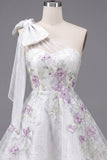 Cute One Shoulder White A-Line Floral Beaded Party Dress with Bow