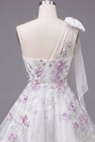 Cute One Shoulder White A-Line Floral Beaded Party Dress with Bow