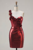 Metallic Burgundy One Shoulder Corset Bodycon Cocktail Dress with 3D Flowers