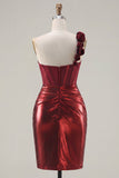 Metallic Burgundy One Shoulder Corset Bodycon Cocktail Dress with 3D Flowers