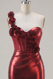 Metallic Burgundy One Shoulder Corset Bodycon Cocktail Dress with 3D Flowers