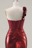 Metallic Burgundy One Shoulder Corset Bodycon Cocktail Dress with 3D Flowers