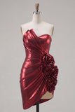Metallic Burgundy Strapless Bodycon Ruched Cocktail Dress with 3D Flowers