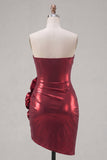 Metallic Burgundy Strapless Bodycon Ruched Cocktail Dress with 3D Flowers
