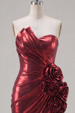 Metallic Burgundy Strapless Bodycon Ruched Cocktail Dress with 3D Flowers