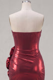 Metallic Burgundy Strapless Bodycon Ruched Cocktail Dress with 3D Flowers