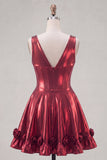 Metallic Burgundy A-Line V-Neck Corset Party Dress with 3D Flowers
