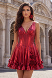 Metallic Burgundy A-Line V-Neck Corset Party Dress with 3D Flowers