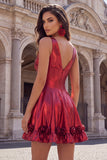 Metallic Burgundy A-Line V-Neck Corset Party Dress with 3D Flowers