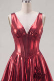 Metallic Burgundy A-Line V-Neck Corset Party Dress with 3D Flowers