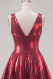 Metallic Burgundy A-Line V-Neck Corset Party Dress with 3D Flowers
