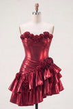 Metallic Burgundy Ruffled A-Line Off the Shoulder Corset Cocktail Dress with 3D Flowers