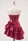 Metallic Burgundy Ruffled A-Line Off the Shoulder Corset Cocktail Dress with 3D Flowers