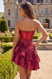 Metallic Burgundy Ruffled A-Line Off the Shoulder Corset Cocktail Dress with 3D Flowers