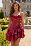 Metallic Burgundy Ruffled A-Line Off the Shoulder Corset Cocktail Dress with 3D Flowers