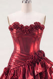 Metallic Burgundy Ruffled A-Line Off the Shoulder Corset Cocktail Dress with 3D Flowers