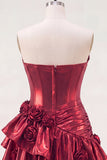 Metallic Burgundy Ruffled A-Line Off the Shoulder Corset Cocktail Dress with 3D Flowers