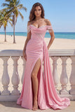 Off The Shoulder Pink Mermaid Ruched Pearls Long Prom Dress with Slit