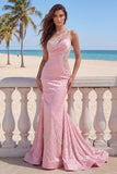 Pink One Shoulder Mermaid Satin Long Prom Dress with Pearls