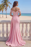 Off The Shoulder Pink Mermaid Ruched Pearls Long Prom Dress with Slit