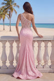 Pink One Shoulder Mermaid Satin Long Prom Dress with Pearls
