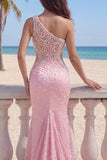 Pink One Shoulder Mermaid Satin Long Prom Dress with Pearls