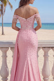Off The Shoulder Pink Mermaid Ruched Pearls Long Prom Dress with Slit