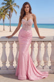 Sweetheart Pink Corset Mermaid Long Prom Dress with Pearls
