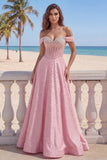 Pink Basque Waist Corset A Line Off The Shoulder Long Prom Dress with Pearls