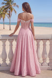 Pink Basque Waist Corset A Line Off The Shoulder Long Prom Dress with Pearls