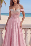 Pink Basque Waist Corset A Line Off The Shoulder Long Prom Dress with Pearls
