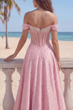 Pink Basque Waist Corset A Line Off The Shoulder Long Prom Dress with Pearls