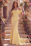 Yellow Mermaid Corset Off The Shoulder Long Prom Dress with Pearls