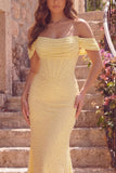 Yellow Mermaid Corset Off The Shoulder Long Prom Dress with Pearls