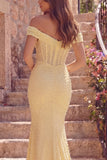 Yellow Mermaid Corset Off The Shoulder Long Prom Dress with Pearls